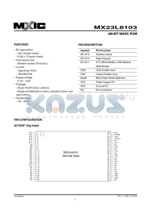 MX23L8103XI-90 datasheet - 8M-BIT MASK ROM