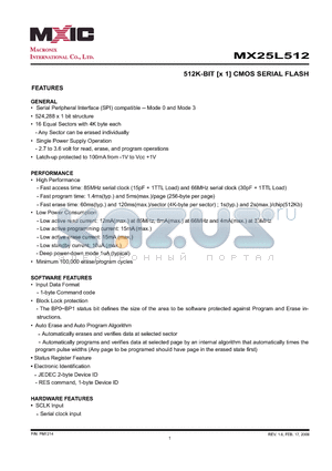 MX25L512MI-12G datasheet - 512K-BIT [x 1] CMOS SERIAL FLASH