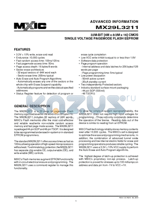 MX29L3211MC-10 datasheet - 32M-BIT [4M x 8/2M x 16] CMOS SINGLE VOLTAGE PAGEMODE FLASH EEPROM