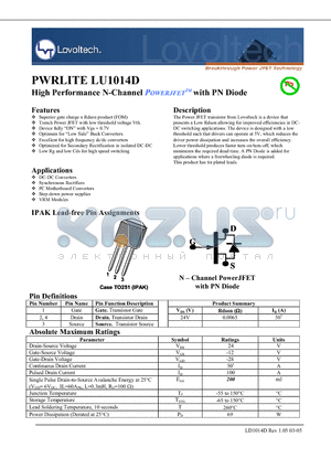 LU1014D datasheet - High Performance N-Channel POWERJFET with PN Diode