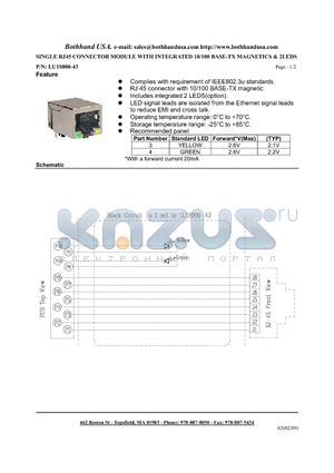 LU1S000-43 datasheet - SINGLE RJ45 CONNECTOR MODULE WITH INTEGRATED 10/100 BASE-TX MAGNETICS & 2LEDS