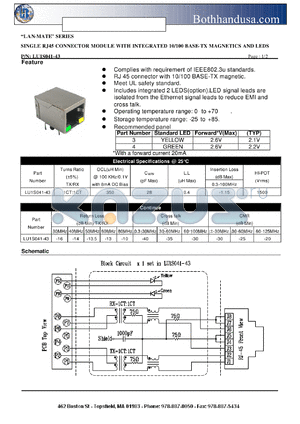 LU1S041-43 datasheet - SINGLE RJ45 CONNECTOR MODULE WITH INTEGRATED 10/100 BASE-TX MAGNETICS AND LEDS