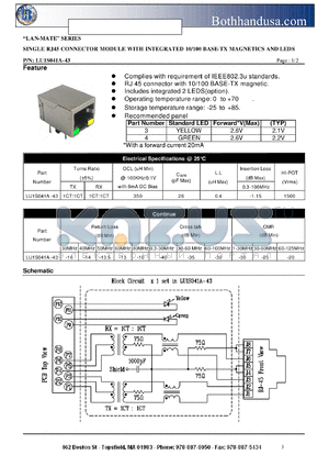 LU1S041A-43 datasheet - SINGLE RJ45 CONNECTOR MODULE WITH INTEGRATED 10/100 BASE-TX MAGNETICS AND LEDS