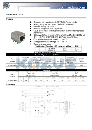 LU1S041C-43LF datasheet - SINGLE RJ45 CONNECTOR WITH 10/100 BASE-TX MAGNETICS AND LEDS