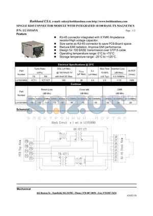 LU1S516NX datasheet - SINGLE RJ45 CONNECTOR MODULE WITH INTEGRATED 10/100 BASE-TX MAGNETICS