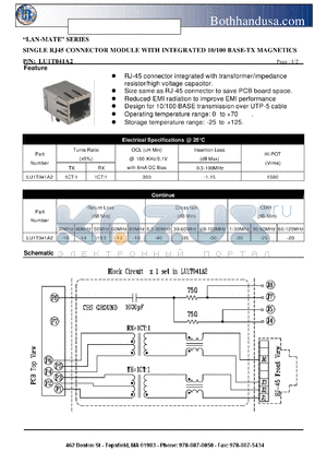 LU1T041A2 datasheet - SINGLE RJ45 CONNECTOR MODULE WITH INTEGRATED 10/100 BASE-TX MAGNETICS
