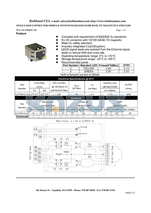 LU1T041C-43 datasheet - SINGLE RJ45 CONNECTOR MODULE WITH INTEGRATED 10/100 BASE-TX MAGNETICS AND LEDS