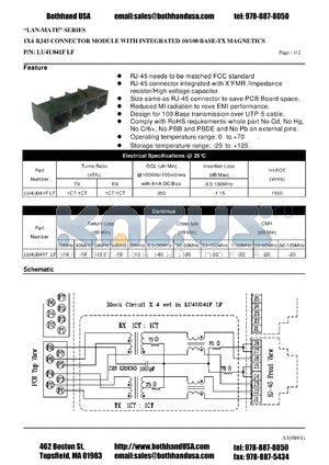 LU4U041FLF datasheet - 1X4 RJ45 CONNECTOR MODULE WITH INTEGRATED 10/100 BASE-TX MAGNETICS