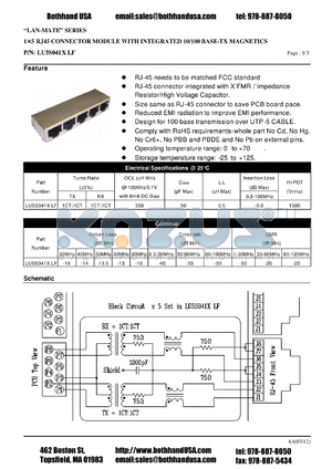 LU5S041XLF datasheet - 15 RJ45 CONNECTOR MODULE WITH INTEGRATED 10/100 BASE-TX MAGNETICS
