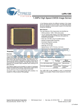 LUPA-1300-C datasheet - 1.3MPxl High Speed CMOS Image Sensor