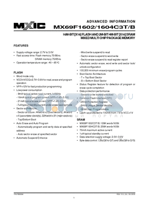 MX69F1604C3TXBI-70 datasheet - 16M-BIT [X16] FLASH AND 2M-BIT/4M-BIT [X16] SRAM MIXED MULTI CHIP PACKAGE MEMORY