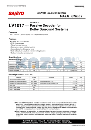 LV1017 datasheet - Bi-CMOS IC Passive Decoder for Dolby Surround Systems