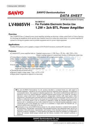 LV4985VH datasheet - For Portable Electronic Device Use 1.2W x 2ch BTL Power Amplifier
