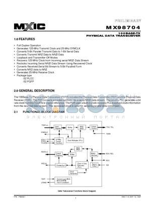 MX98704 datasheet - 100BASE-TX PHYSICAL DATA TRANSCEIVER