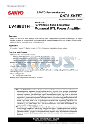 LV4993TH datasheet - For Portable Audio Equipment Monaural BTL Power Amplifier