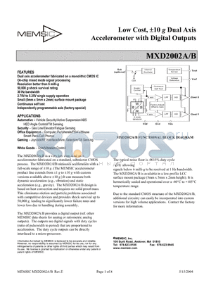 MXD2002B datasheet - Low Cost, a10 g Dual Axis Accelerometer with Digital Outputs