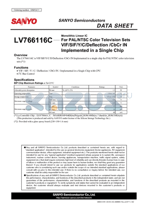 LV766116C datasheet - For PAL/NTSC Color Television Sets VIF/SIF/Y/C/Deflection /CbCr IN Implemented in a Single Chip