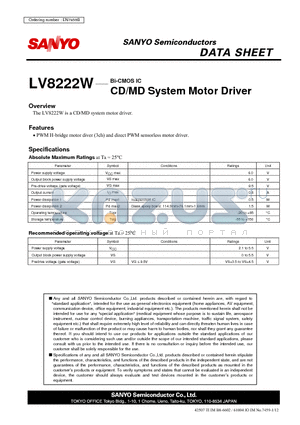 LV8222W datasheet - CD/MD System Motor Driver