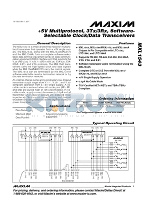 MXL1543CAI datasheet - 5V Multiprotocol, 3Tx/3Rx, Software-Selectable Clock/Data Transceivers