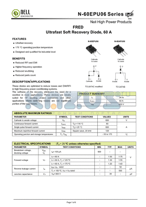 N-60EPU06 datasheet - FRED Ultrafast Soft Recovery Diode, 60 A