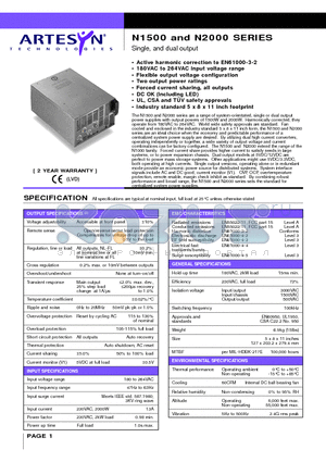 N1500-96-1 datasheet - Single, and dual output 1500 and 2000 Watt AC/DC high wattage power supplies with PFC