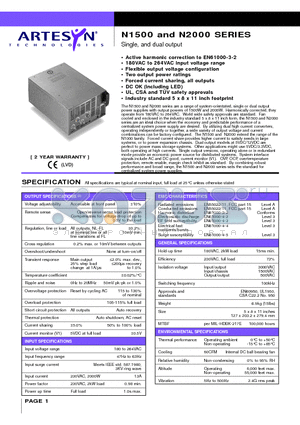 N1500-96-14 datasheet - Single, and dual output 1500 and 2000 Watt AC/DC high wattage power supplies with PFC