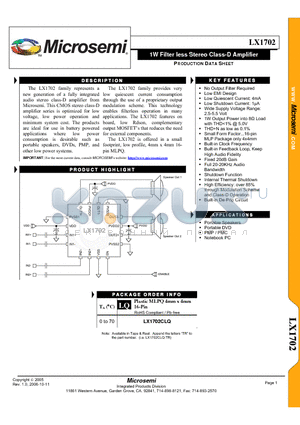 LX1702 datasheet - 1W Filter less Stereo Class-D Amplifier