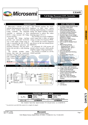 LX1692 datasheet - Full Bridge Resonant CCFL Controller