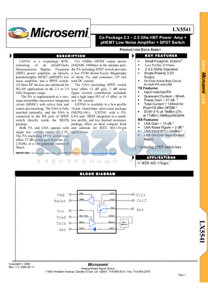 LX5541 datasheet - Co-Package 2.3 - 2.5 GHz HBT Power Amp  pHEMT Low Noise Amplifier  SPDT Switch