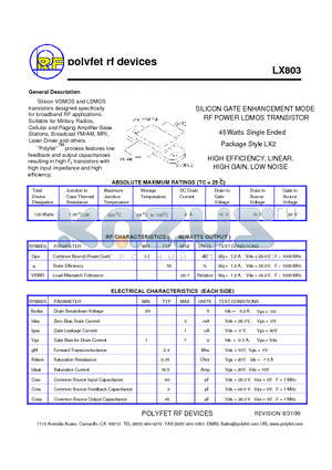 LX803 datasheet - SILICON GATE ENHANCEMENT MODE RF POWER LDMOS TRANSISTOR