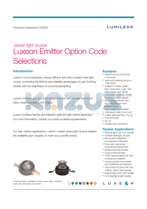 LXHL-PW01-00M datasheet - power light source Luxeon Emitter Option Code Selections