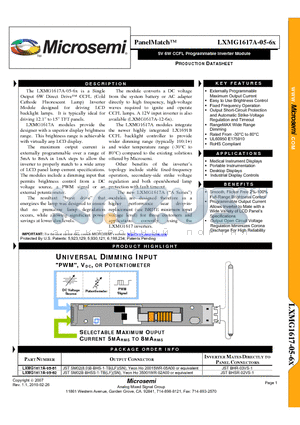 LXMG1617A-05-62 datasheet - 5V 6W CCFL Programmable Inverter Module