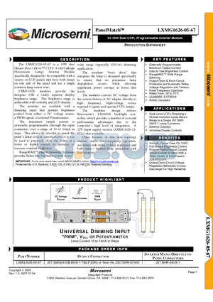 LXMG1626-05-67 datasheet - 5V 10W Dual CCFL Programmable Inverter Module