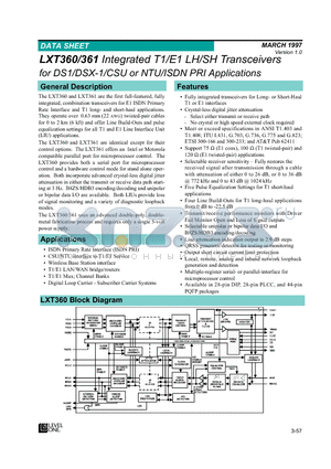 LXT361 datasheet - Integrated T1/E1 LH/SH Transceivers for DS1/DSX-1/CSU or NTU/ISDN PRI Applications