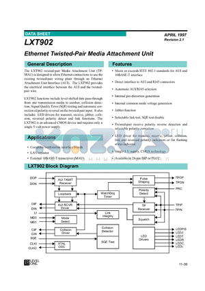 LXT902 datasheet - Ethernet Twisted-Pair Media Attachment Unit