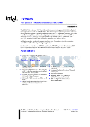 LXT9763 datasheet - Fast Ethernet 10/100 Hex Transceiver with Full MII