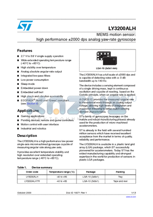 LY3200ALHTR datasheet - MEMS motion sensor: high performance a2000 dps analog yaw-rate gyroscope