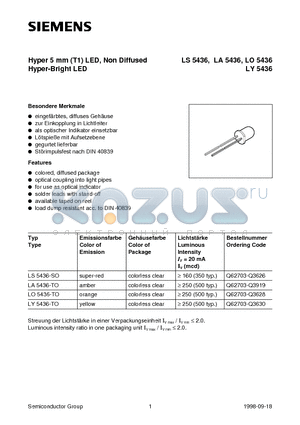 LY5436-TO datasheet - Hyper 5 mm T1 LED, Non Diffused Hyper-Bright LED