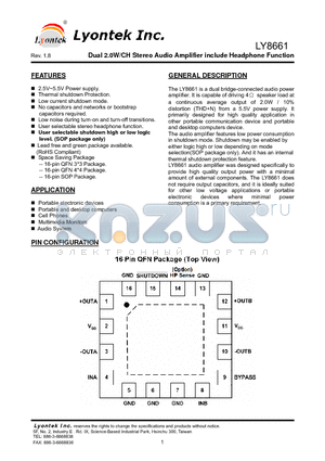 LY8661EB datasheet - Dual 2.0W/CH Stereo Audio Amplifier include Headphone Function