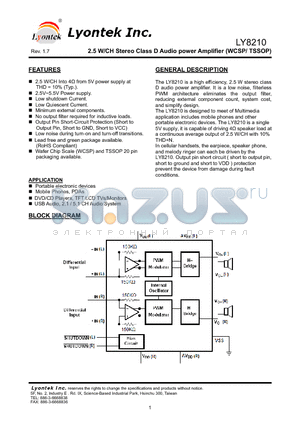 LY8210CL datasheet - 2.5 W/CH Stereo Class D Audio power Amplifier (WCSP/ TSSOP)