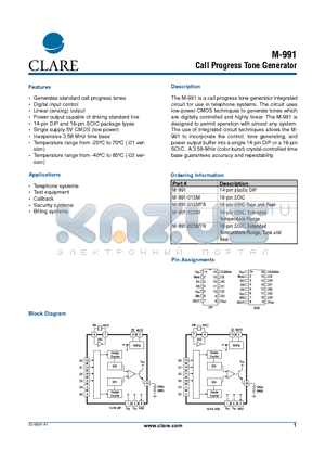 M-991 datasheet - Call Progress Tone Generator