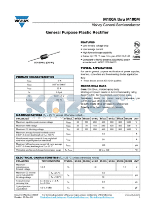 M100G datasheet - General Purpose Plastic Rectifier