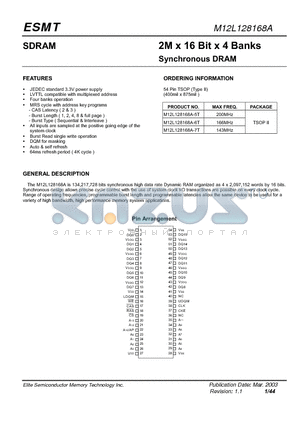 M12L128168A-6T datasheet - 2M x 16 Bit x 4 Banks Synchronous DRAM