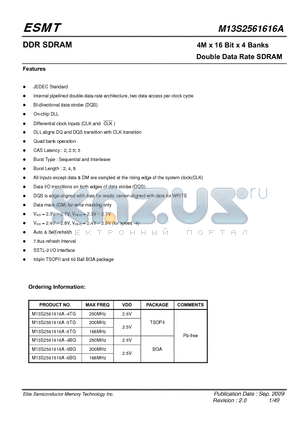 M13S2561616A datasheet - 4M x 16 Bit x 4 Banks Double Data Rate SDRAM