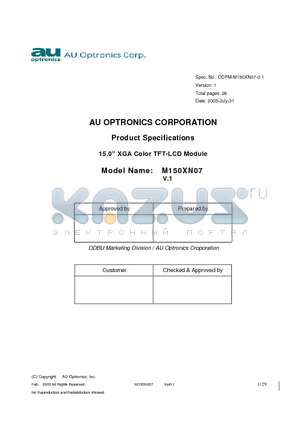 M150XN07 datasheet - 15.0 XGA Color TFT-LCD Module