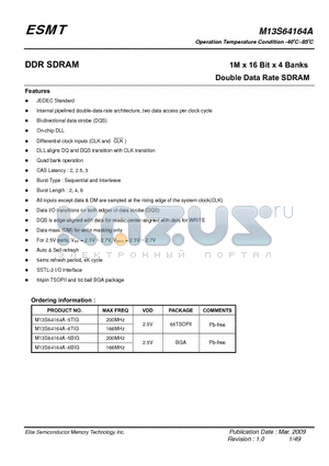 M13S64164A-5BIG datasheet - 1M x 16 Bit x 4 Banks Double Data Rate SDRAM