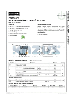 FDMS5672 datasheet - N-Channel UltraFET Trench MOSFET 60V, 22A, 11.5mohm