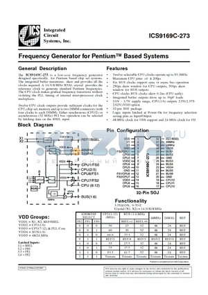 ICS9169CJ-273 datasheet - Frequency Generator for Pentium Based Systems