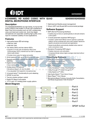 92HD005XX5PRGXYYX datasheet - 4-CHANNEL HD AUDIO CODEC WITH QUAD DIGITAL MICROPHONE INTERFACE