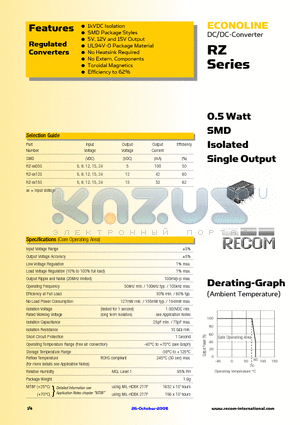 RZ-0505 datasheet - 0.5 Watt SMD Isolated Single Output